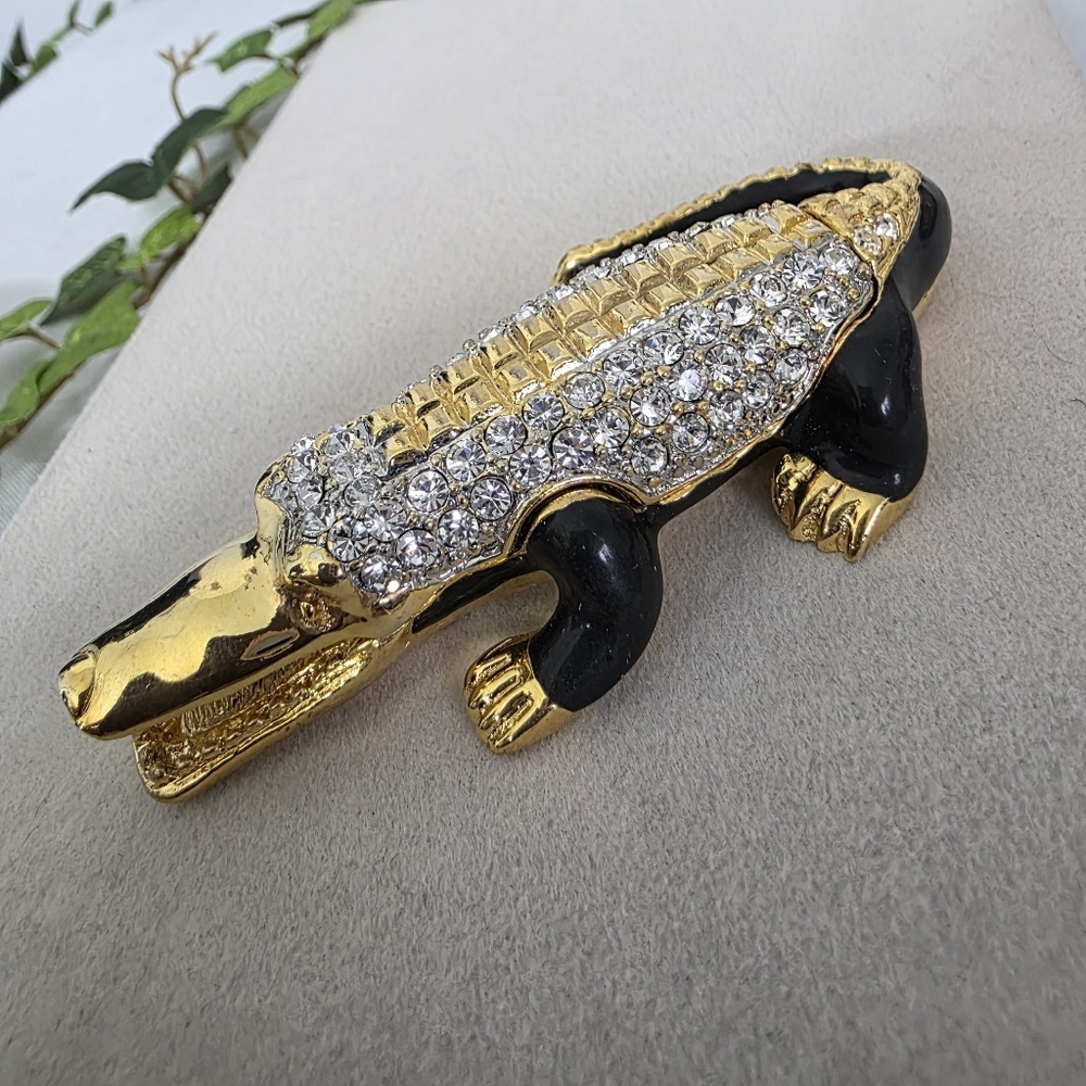 Gold with Cubic Zirconia Alligator Crocodile Trinket Box